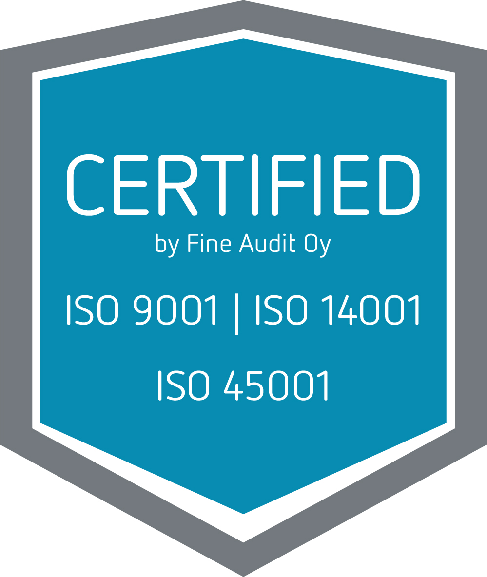 Sertifikaatti: ISO 9001, ISO 14004, ISO 45001